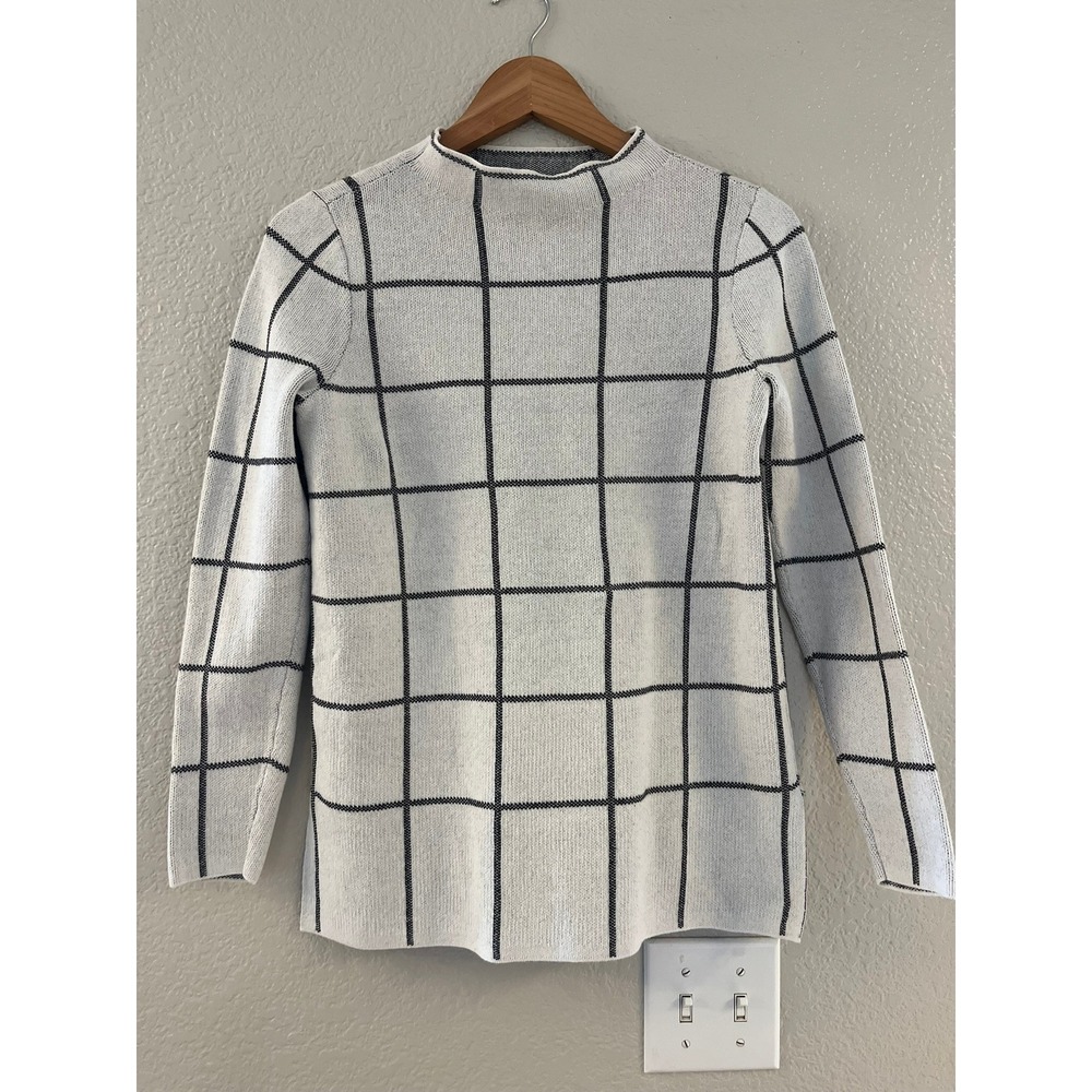 LOFT Womens XS Mock Neck Sweater Black White Windowpane‎ Plaid Cotton